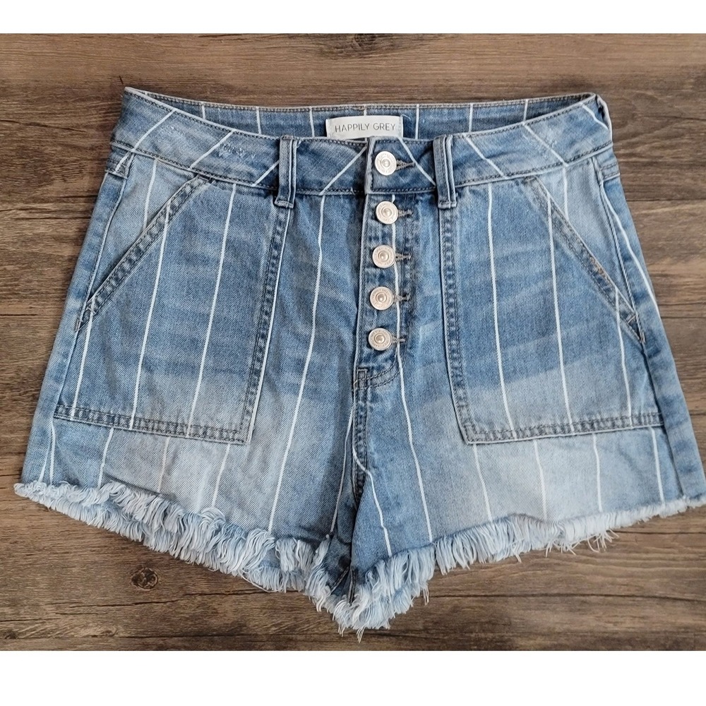 Happily Grey Pinstripe Denim Shorts High Waisted Button Fly Frayed Hem Size 3/26